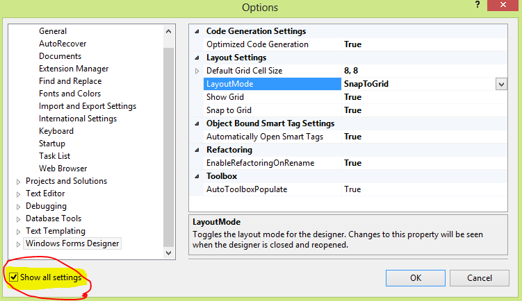 Options page visual studio